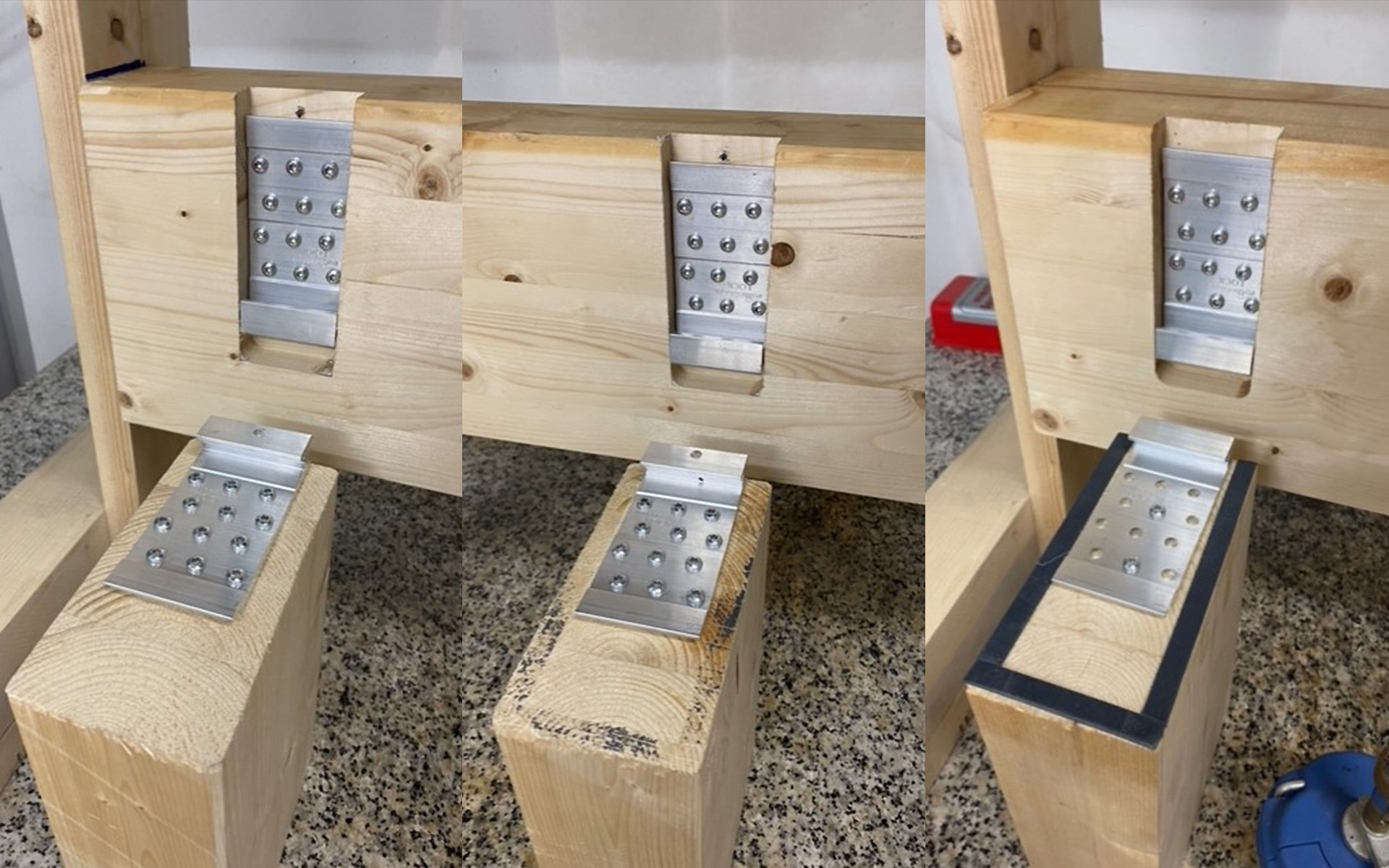Connections before the experiment (a: no tolerance, b: 4 mm tolerance, c: 5 mm tolerance with intumescent tape)
